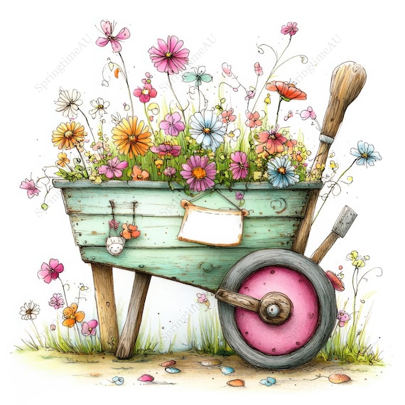 16 Whimsical Garden Wheelbarrow Clipart, Vintage Wheelbarrow Watercolor, Cottagecore Garden JPGs, Digital Download, Commercial Use