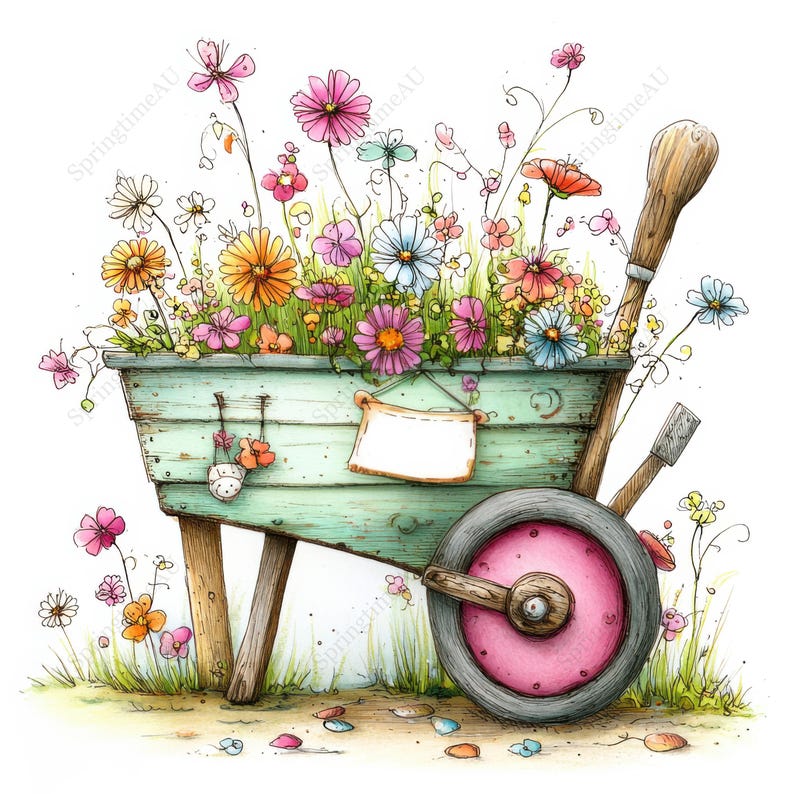 May include: Watercolor illustration of a light green wheelbarrow filled with colorful flowers. The wheel has a pink center and a gray tire. A blank sign hangs on the front of the wheelbarrow. The background is white.
