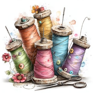 18 vintage sömnad clipart, akvarell JPG nåltråd fingerborg, Cottagecore hantverk, scrapbooking utskrivbar, digital nedladdning, kommersiell användning
