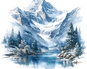 20 besneeuwde bergtop en bos clipart, winter clipart, afdrukbare aquarel, hoogwaardige JPG's, Papercraft, Junk Journal, digitale download