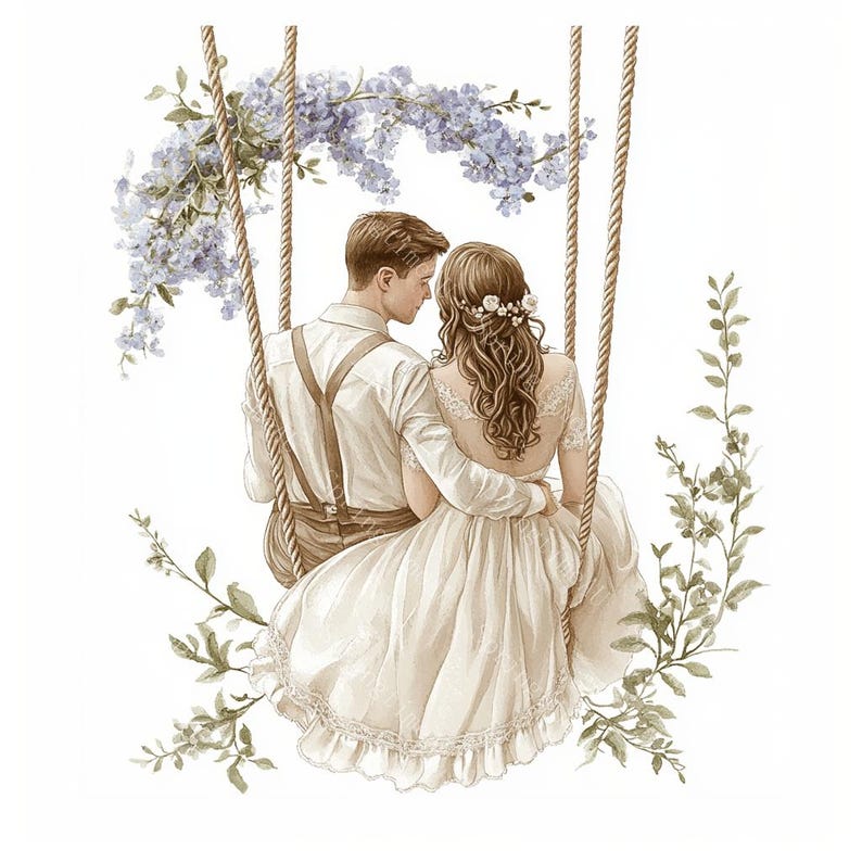 18 Bride and Groom on Swing Clipart, Wedding Clipart, Romantic Wedding Day, Printable Watercolor,High-Quality JPGs, Papercraft, Junk Journal