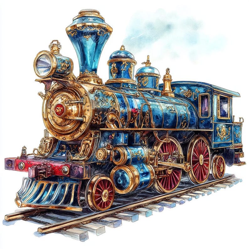 18 Vintage Train Clipart, Steam Locomotive, Christmas Train, Antique Train, Printable Watercolor, High-Quality JPGs, PaperCraft,Junk Journal