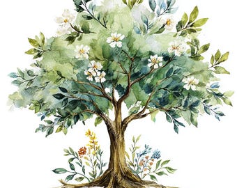 20 Tree of Life with Roots Clipart, Oak Family Tree, Printable Watercolor, High-Quality JPGs, Papercraft, Junk Journal, Digital Download