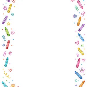 May include: A rectangular border featuring colorful illustrations of smiling crayons, small spiral notebooks, paper clips, stars, hearts, and flowers arranged against a white background, creating a playful frame for text or images.