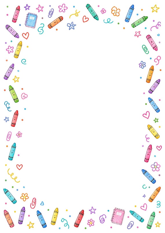 16 Crayon Border Clipart, Printable Classroom Paper JPG, Back To School,  A4 Page, Teacher Worksheet Frames, School Digital Download Kit