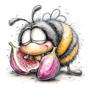 May include: A whimsical illustration of a fuzzy, black and yellow striped bee with large closed eyes, resting its head against a halved purple fig. The drawing features expressive ink outlines, soft shading, and colorful watercolor accents.