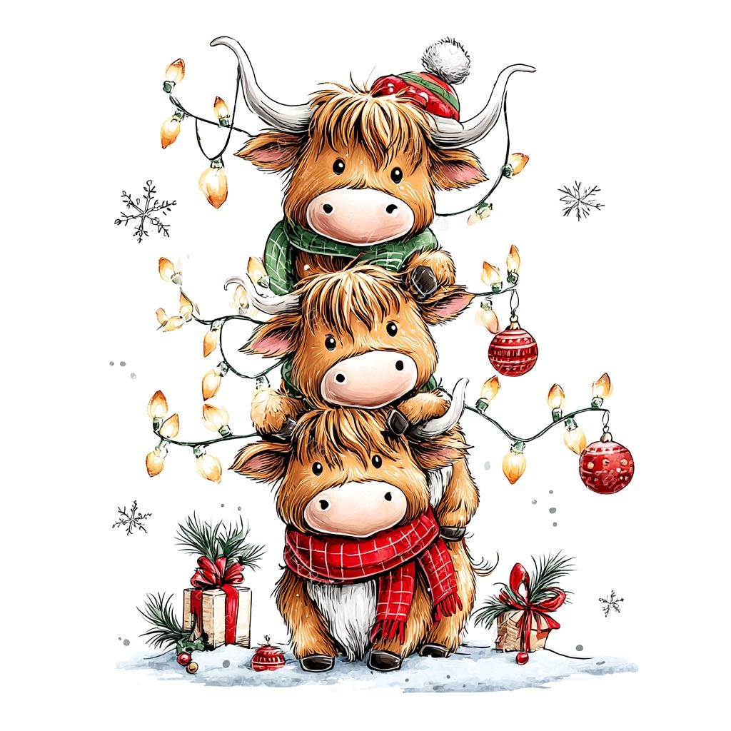 18 Christmas Highland Cows Clipart, Cute Farm Animal, Holiday Crafts ...