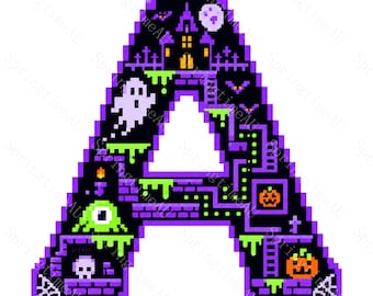26 Pixel Halloween Alphabet Clipart, Retro Arcade JPG Letters, Gamer Ghost Monogram for Spooky Gamer Gifts, Digital Download