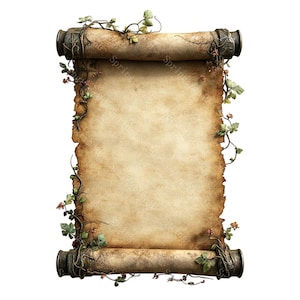 May include: Aged parchment scroll with ornate metal end caps and decorative vines. The paper has a textured, weathered appearance with torn edges. Green leaves and small red flowers adorn the scroll, creating a vintage, fantasy aesthetic.