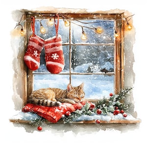 May include: A watercolour painting depicts a winter scene with a sleeping tabby cat on a red cushion. Above, two Christmas stockings hang by a window with a snowy view. Fairy lights illuminate the scene.
