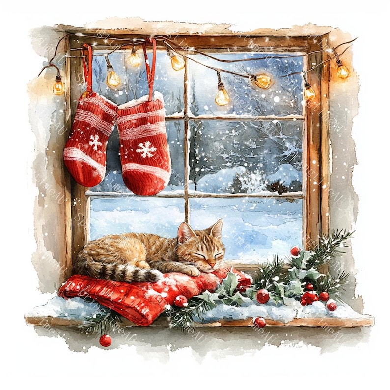 16 Christmas Window Clipart, Winter Windows Clipart, Wreath and Candles, Printable Watercolor, High-Quality JPGs, Paper Craft, Junk Journal