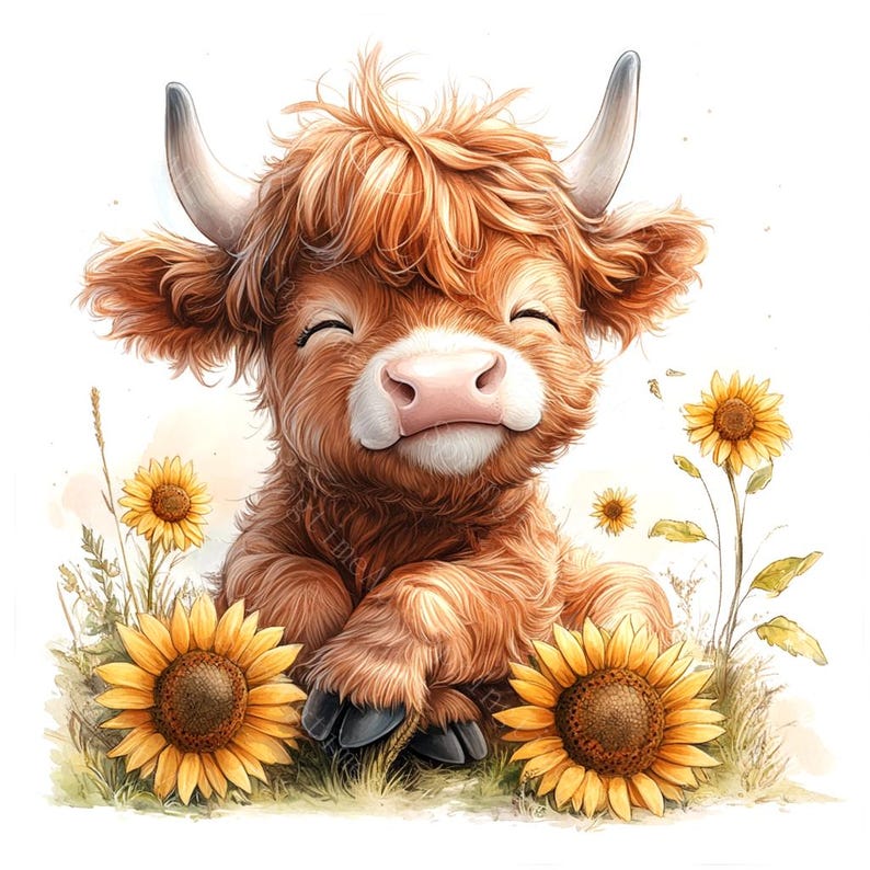 14 Highland Cow Sunflowers Clipart, Baby Highland Cow, Spring Flowers, Printable Watercolor, High-Quality JPGs, Paper Craft, Junk Journal