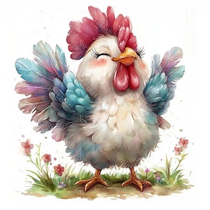 16 Clipart poulet mignon, joli coq de la ferme, poussin, animal de la campagne, aquarelle imprimable, fichiers JPG de haute qualité, créations en papier, journal indésirable