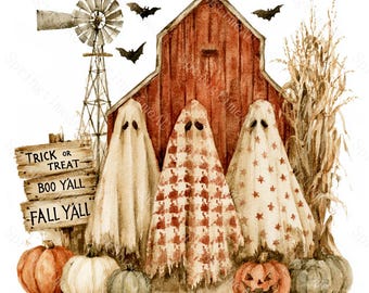 16 Farmhouse Ghost Halloween Clipart, Watercolor Fall Autumn Scene JPG, Sublimation Sticker Card Making, Digital Download