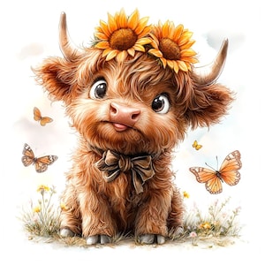 14 Highland Cow Sunflowers Clipart, Baby Highland Cow, Spring Flowers, Printable Watercolor, High-Quality JPGs, Paper Craft, Junk Journal