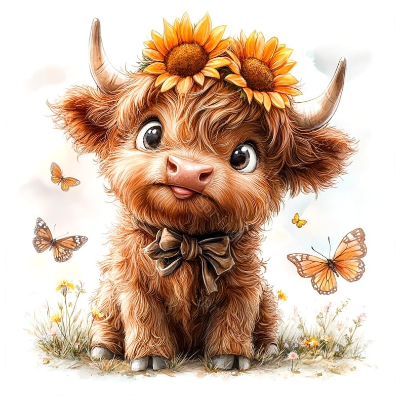 14 Highland Cow Sunflowers Clipart, Baby Highland Cow, Spring Flowers, Printable Watercolor, High-Quality JPGs, Paper Craft, Junk Journal