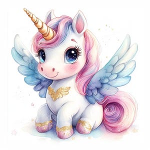 14 Clipart di unicorno arcobaleno, Clipart di unicorno carino, Unicorno bambino, Acquerello stampabile, JPG di alta qualità, PaperCraft, Junk Journal