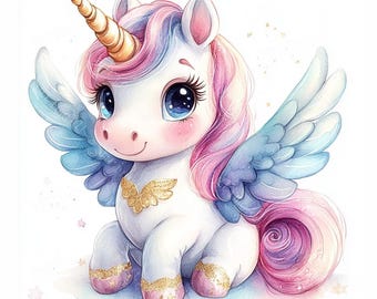 14 Rainbow Unicorn Clipart, Cute Unicorn Clipart, Baby Unicorn, Printable Watercolor, High-Quality JPGs, PaperCraft, Junk Journal