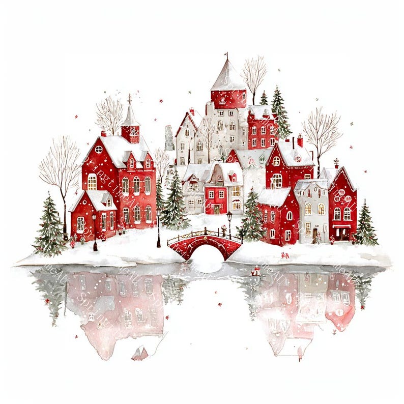 20 Christmas Village Clipart, Christmas Card Art, Printable Watercolor, High-Quality JPGs, Paper Craft, Junk Journal, Digital Download
