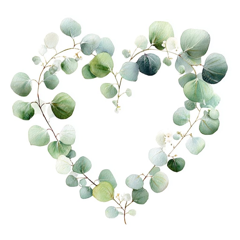 18 Greenery Heart Wreath Clipart, Eucalyptus Frame, Floral heart, Printable Watercolor, High-Quality JPGs, Papercraft, Junk Journal