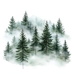 Puede incluir: Pintura a la acuarela de una escena de bosque con altos pinos verdes que emergen de una niebla brumosa. Un pico de monta&ntilde;a es visible en el fondo. La obra de arte tiene una calidad suave y et&eacute;rea, con un fondo blanco.