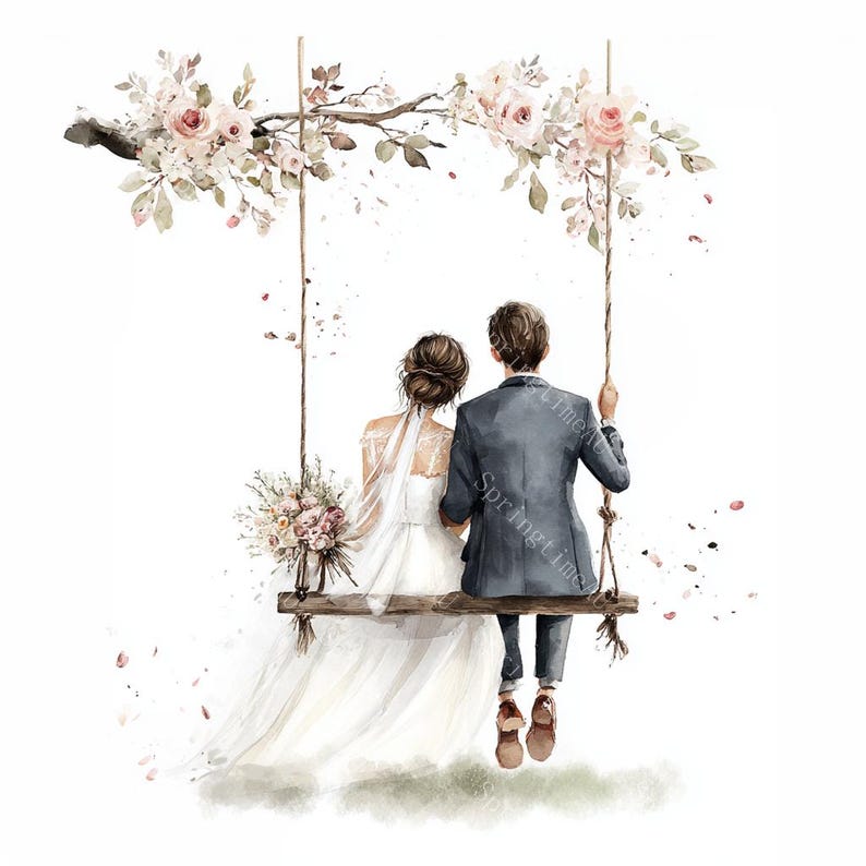 18 Bride and Groom on Swing Clipart, Wedding Clipart, Romantic Wedding Day, Printable Watercolor,High-Quality JPGs, Papercraft, Junk Journal
