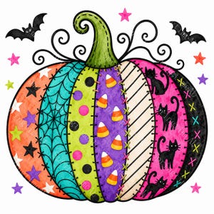 16 Halloween Patchwork Pumpkin Clipart, Watercolor JPG, Cute Pumpkin Sublimation, Sticker Printable, Digital Download