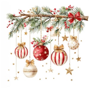 以下が含まれることがあります： 水彩画のクリスマスオーナメントのイラスト。松の枝から、赤と白のストライプ、無地の赤、金色の装飾が施された白いオーナメントが吊り下げられています。金色のリボンと星が、お祝いのデザインを完成させています。