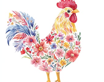 16 Floral Chicken Clipart, Rooster Clipart, Cottagecore Chicken, Printable Watercolor, High-Quality JPGs, Paper Craft, Junk Journal