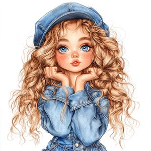 16 imágenes prediseñadas de chicas de mezclilla lindas y extravagantes, niña linda y caprichosa, niña bebé, acuarela imprimible, archivos JPG de alta calidad, manualidades de papel, diario basura