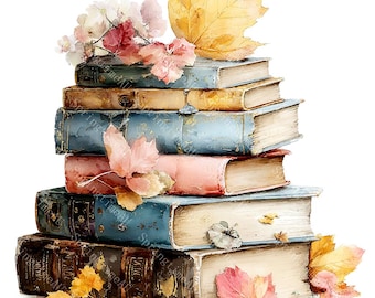 20 Autumn Books Clipart, Fall Illustration Design, Book Stack, Library, Printable Watercolor, High-Quality JPGs, Paper Craft, Junk Journal
