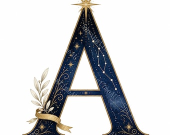 26 Holy Night Christmas Alphabet Clipart, Christian Celestial Letters PNG, Bethlehem Star Monogram, Navy Gold Watercolor Sublimation Bundle