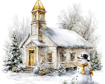 20 imágenes prediseñadas de una pequeña iglesia en invierno, imágenes prediseñadas de invierno, acuarela imprimible, archivos JPG de alta calidad, manualidades de papel, diario basura, descarga digital