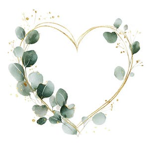 18 Greenery Heart Wreath Clipart, Eucalyptus Frame, Floral heart, Printable Watercolor, High-Quality JPGs, Papercraft, Junk Journal