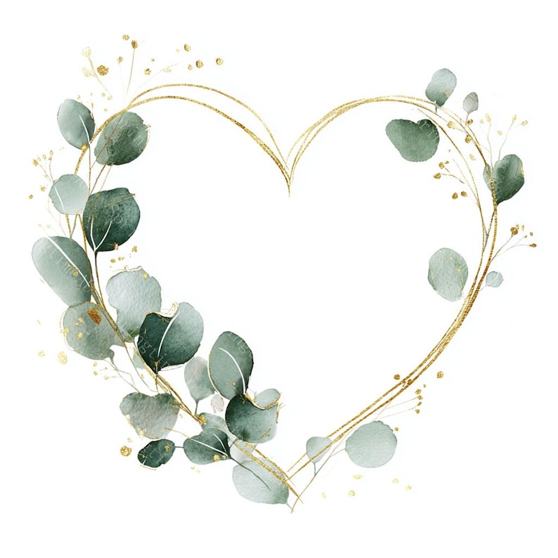 18 Greenery Heart Wreath Clipart, Eucalyptus Frame, Floral heart, Printable Watercolor, High-Quality JPGs, Papercraft, Junk Journal