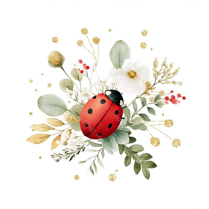 16 Floral Ladybug Clipart, Cute Lady Bug, Spring Art, Printable Watercolor, High-Quality JPGs, Paper Craft, Junk Journal, Digital Download