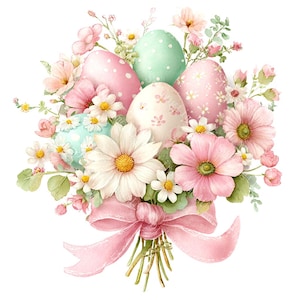 Peut inclure: Illustration à l'aquarelle d'un bouquet de Pâques. L'arrangement présente des œufs de Pâques aux couleurs pastel avec des motifs floraux et à pois, entourés de fleurs roses et blanches, de feuillage vert et d'un ruban rose.