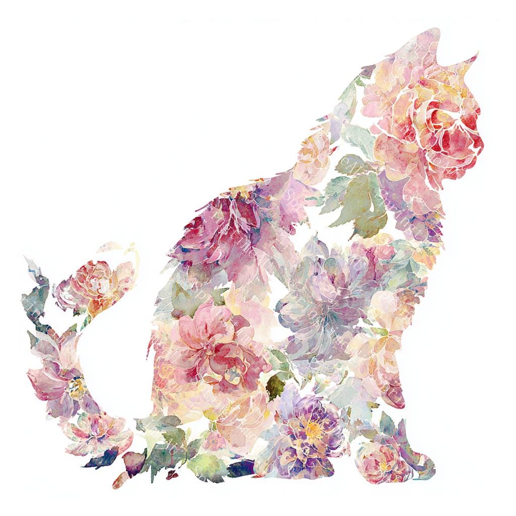 20 Floral Pattern Cat Clipart, Wildflower Cat, Cute Cat, Printable ...