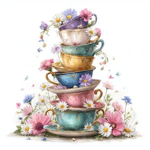 18 Clipart di una pila di tazze da tè vintage, Clipart di una pila di tazze da tè floreale, Acquerello stampabile, JPG di alta qualità, Carta da regalo, Diario di scarto