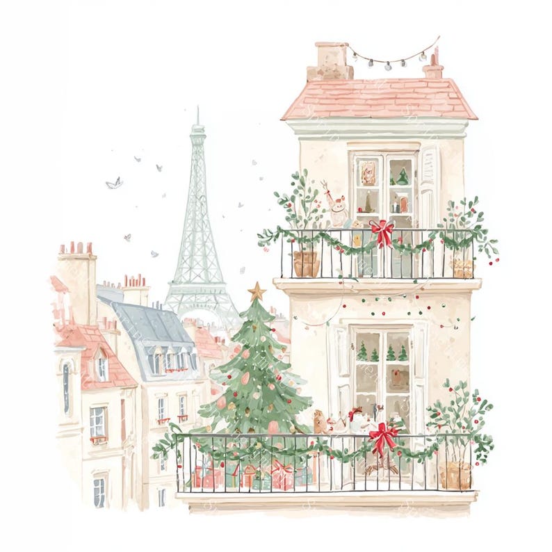 20 Christmas in Paris Clipart, Cute Paris Clipart, Paris Travel Art, Printable Watercolor,High-Quality JPGs, Papercraft, Junk Journal