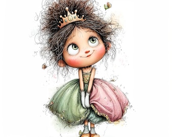22 imágenes prediseñadas de princesas caprichosas, princesas de cuento de hadas, niñas de la realeza, acuarelas imprimibles, JPG de alta calidad, manualidades con papel, diario creativo.