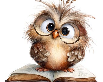 22 Smart Owl Clipart, Cute Owl, Cartoon Book Lover, Owl with Glasses, Printable Watercolor, High-Quality JPG/PNG, Paper Craft, Junk Journal