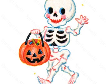 18 Vintage Halloween Cute Skeleton Clipart, Retro Pastel Crayon Bones JPG, Sublimation Sticker Card Design, Digital Download