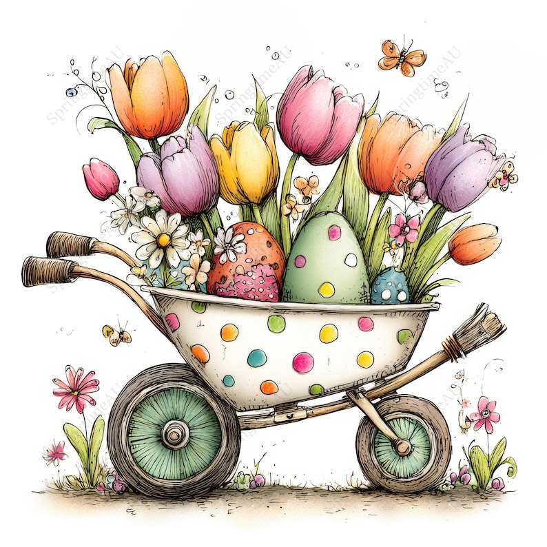May include: Watercolor illustration of a wheelbarrow filled with colorful tulips, daisies, and decorated Easter eggs. The wheelbarrow is white with polka dots and has green wheels. Butterflies and other flowers are scattered around the scene.