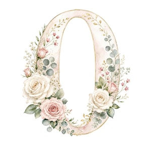 Peut inclure: Le chiffre zéro est illustré avec une texture aquarelle rose pâle et un contour doré. Il est décoré de roses crème et rose clair, de petites fleurs sauvages roses, de feuilles d'eucalyptus vertes et de brins de gypsophile délicats.