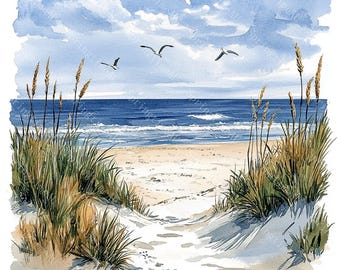 20 Beach Scene Clipart, Beach Grass Clipart, Sand Clipart, Overgrown Beach, Printable Watercolor,High-Quality JPGs, Papercraft, Junk Journal