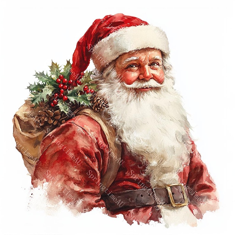 20 Santa Claus Clipart, Christmas Santa Clipart, Christmas Card, Printable Watercolor, High-Quality JPGs, Paper Craft, Junk Journal
