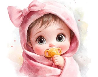 16 Cute Baby Girl Clipart, Adorable Cartoon Illustrations, Baby Shower, Printable Watercolor,High-Quality JPGs, Papercraft, Junk Journal