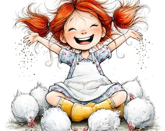 20 Cute Girl with Farm Animals Clipart, Watercolor Farm Girl, Funny Kids, Printable Storybook, High-Quality JPGs, Scrapbooking, Junk Journal