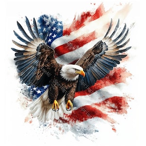 May include: A majestic bald eagle with outstretched wings, set against a backdrop of the American flag. The eagle features detailed brown, white, and blue feathers, with a yellow beak and talons. The flag's red and white stripes and blue star field create a patriotic theme.